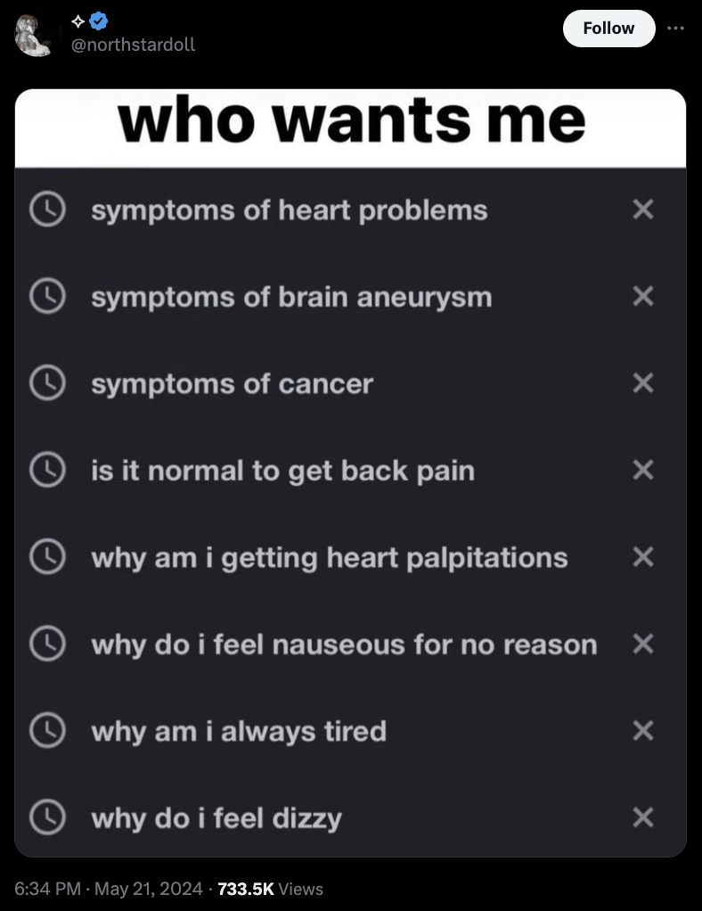 screenshot - who wants me symptoms of heart problems symptoms of brain aneurysm symptoms of cancer ... is it normal to get back pain why am i getting heart palpitations why do i feel nauseous for no reason why am i always tired why do i feel dizzy Views